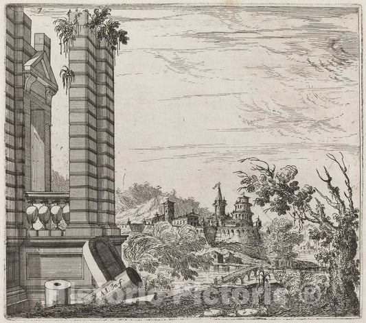 Art Print : Landi, Fantastic River Landscape with Ruins and a Castle, Before 1753 - Vintage Wall Art