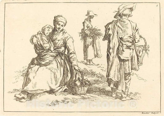 Art Print : Boucher After Bloemaert, Seated Mother and Child, Two Standing Peasants, 1735 - Vintage Wall Art