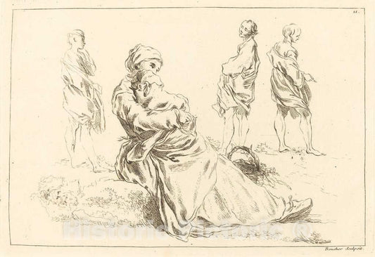 Art Print : Boucher After Bloemaert, Figure Studies Including Seated Mother and Child, 1735 - Vintage Wall Art