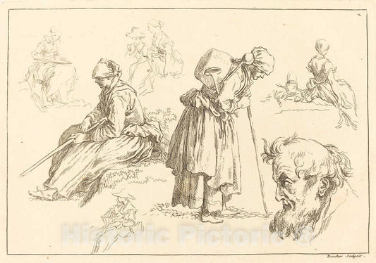 Art Print : Boucher After Bloemaert, Figure Studies Including Woman with a Kettle, 1735 - Vintage Wall Art