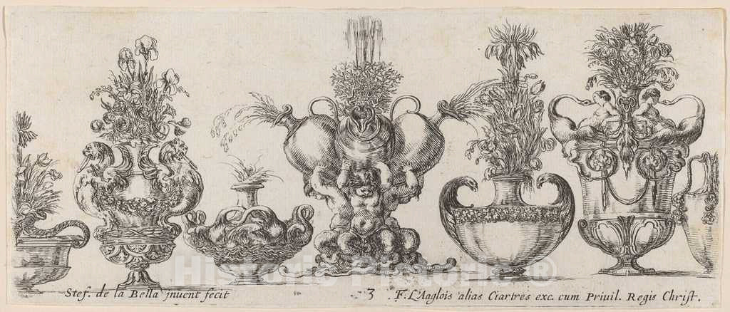 Art Print : Stefano Della Bella, Fantastic Vases, 1646 - Vintage Wall Art