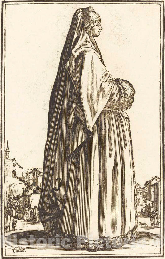 Art Print : Jacques Callot, Noble Woman Wearing a Veil and a Dress Trimmed in Fur - Vintage Wall Art