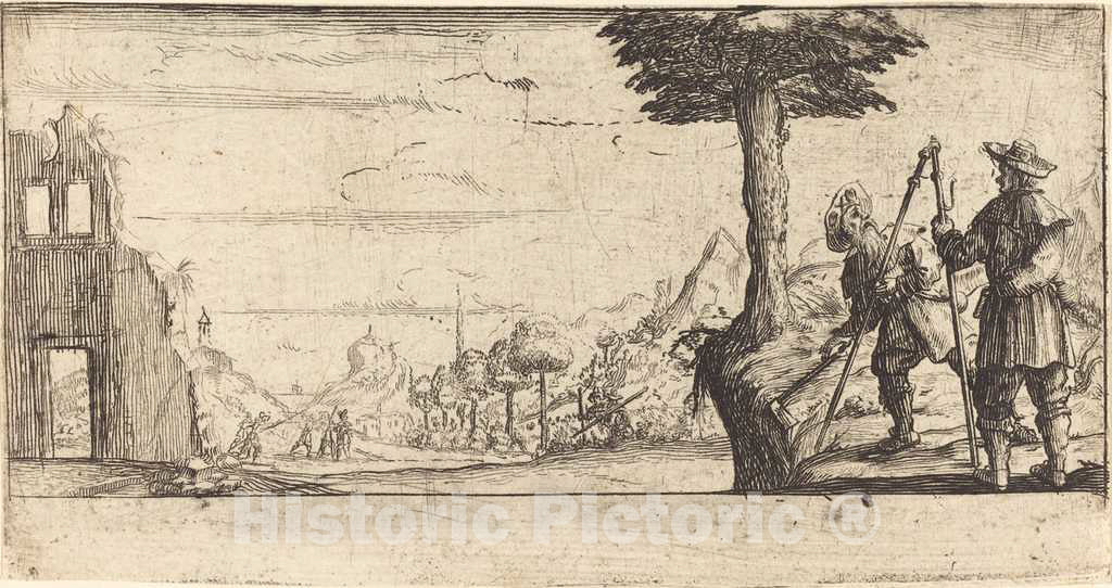 Art Print : Jacques Callot, Landscape with Two Pilgrims - Vintage Wall Art