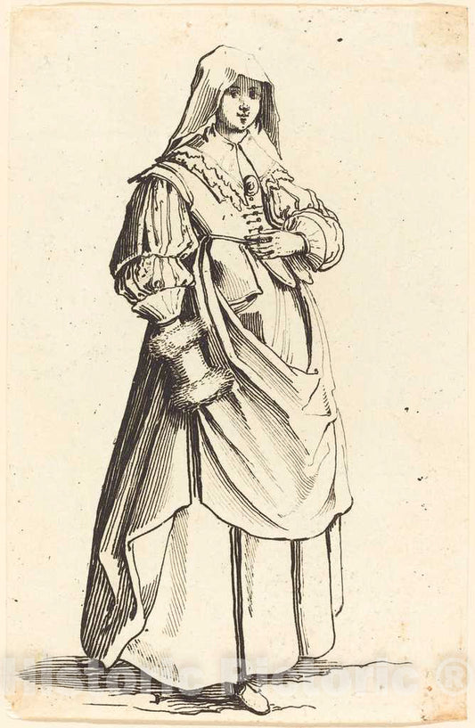 Art Print : Henriet After Callot, Bourgeoise with Muff, Facing Right - Vintage Wall Art