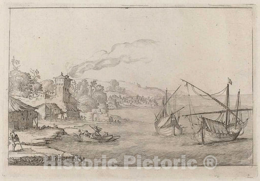 Art Print : Ercole Bazicaluva, Coastal Landscape with Anchored Vessels, 1638 - Vintage Wall Art