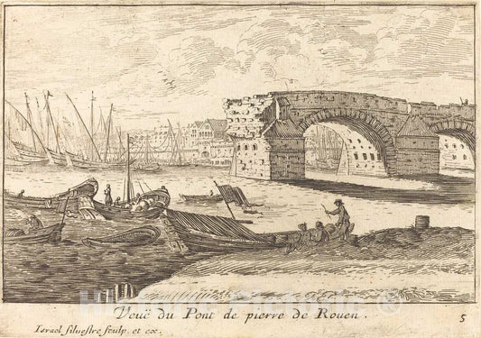 Art Print : IsraÃ«l Silvestre, Veue du Pont de Pierre de Rouen, 1664 - Vintage Wall Art
