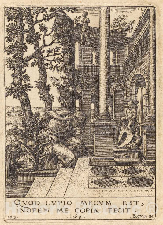 Art Print : Delaune After Fiorentino, Narcissus at The Fountain, 1569 - Vintage Wall Art