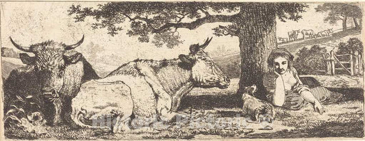 Art Print : Louis Demarne, Two Cows and a Woman Lying Down - Vintage Wall Art