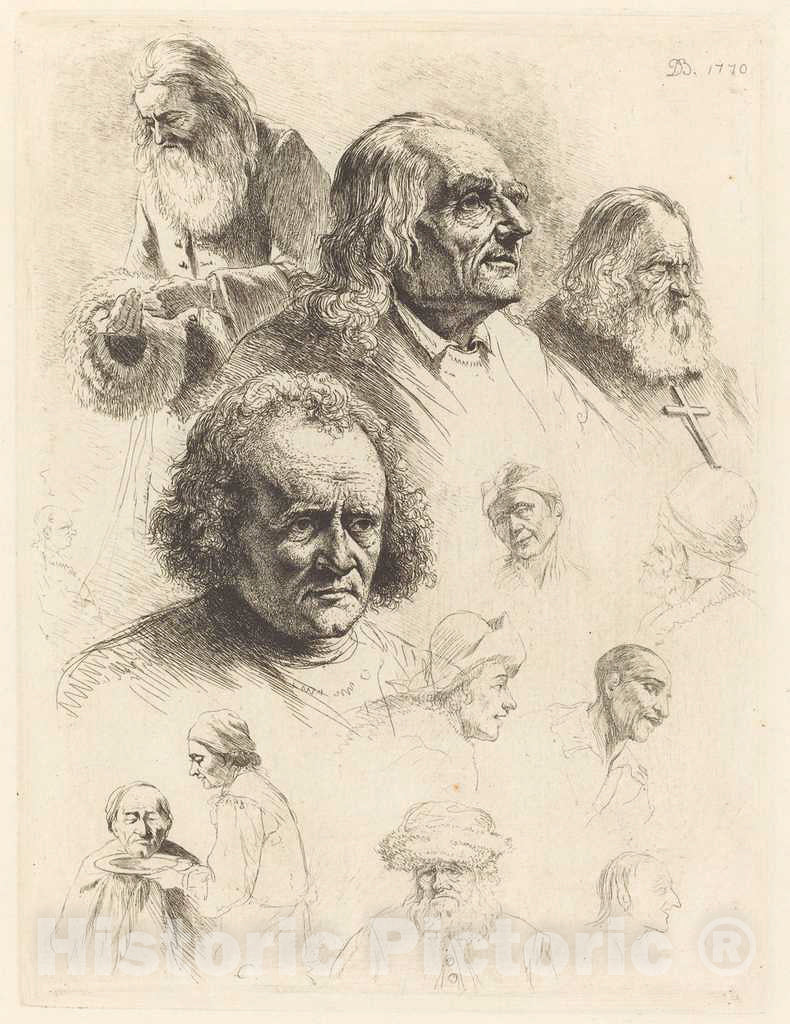 Art Print : Jacques de Boissieu, Thirteen Studies of Heads, 1770 - Vintage Wall Art