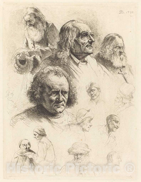 Art Print : Jacques de Boissieu, Thirteen Studies of Heads, 1770 - Vintage Wall Art