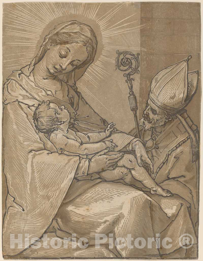 Art Print : Andreani After Casolani, Madonna and Child with a Bishop, 1591 - Vintage Wall Art