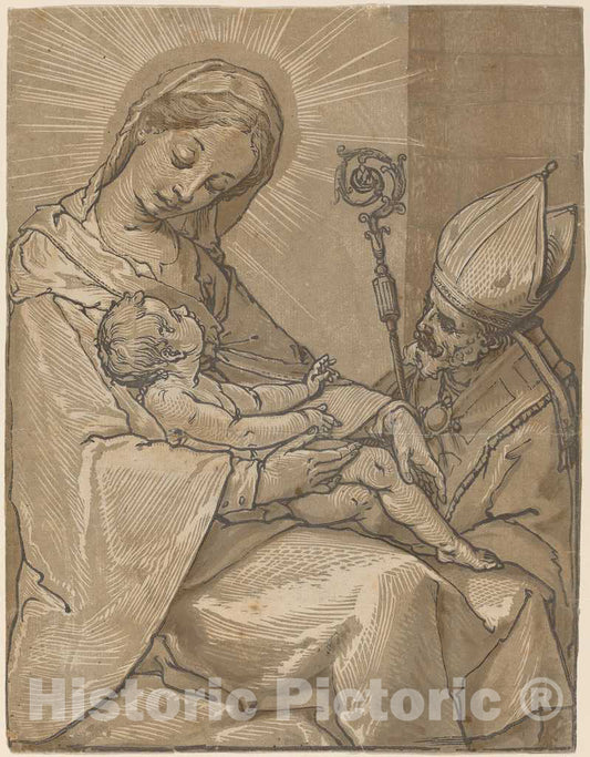 Art Print : Andreani After Casolani, Madonna and Child with a Bishop, 1591 - Vintage Wall Art