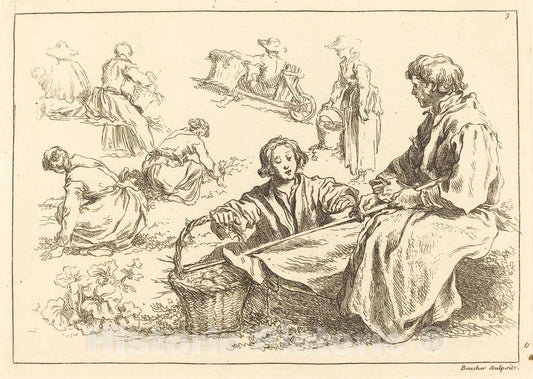 Art Print : Boucher After Bloemaert, Figure Studies Including Two Seated Peasants, 1735 - Vintage Wall Art