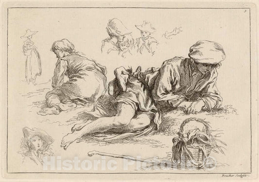 Art Print : Boucher After Bloemaert, Figure Studies Including Reclining Boy, 1735 - Vintage Wall Art