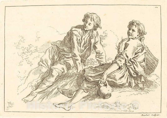 Art Print : Boucher After Bloemaert, Reclining Shepherd Boys, 1735 - Vintage Wall Art