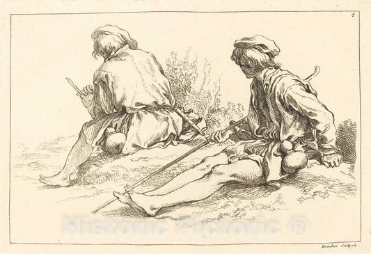 Art Print : Boucher After Bloemaert, Seated Shepherd Boys, 1735 - Vintage Wall Art