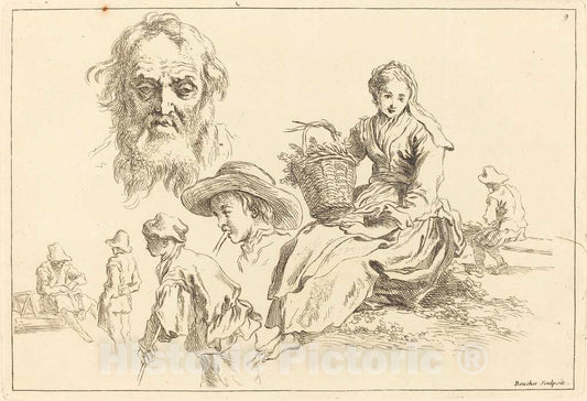 Art Print : Boucher After Bloemaert, Figure Studies Including Bearded Face of an Old Man, 1735 - Vintage Wall Art