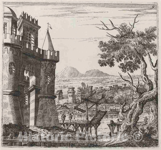 Art Print : Landi, Landscape with a Castle and a Drawbridge, Before 1753 - Vintage Wall Art