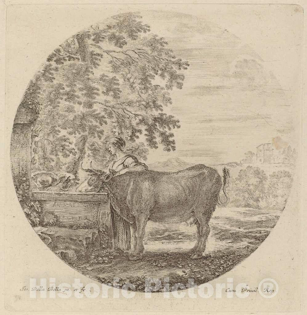 Art Print : Stefano Della Bella, Cow and Young Shepherd at a Fountain - Vintage Wall Art