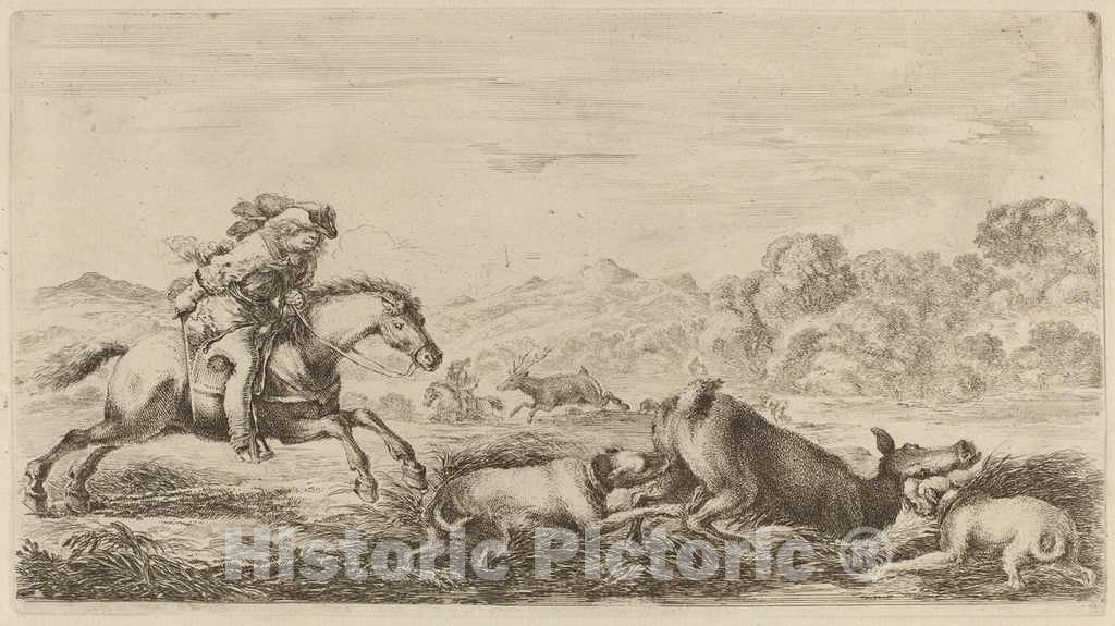 Art Print : Stefano Della Bella, Doe in a Marsh Attacked by Two Dogs - Vintage Wall Art