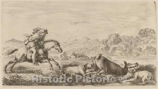 Art Print : Stefano Della Bella, Doe in a Marsh Attacked by Two Dogs - Vintage Wall Art