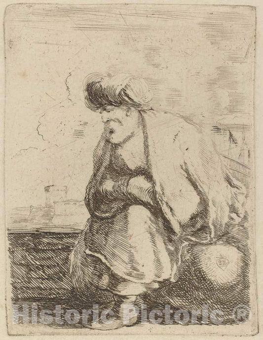 Art Print : Stefano Della Bella, an Old Turk with Turban Seated on a Rock - Vintage Wall Art