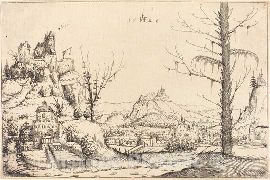 Art Print : Augustin Hirschvogel, Landscape with High Cliffs, River, and City, 1546 - Vintage Wall Art