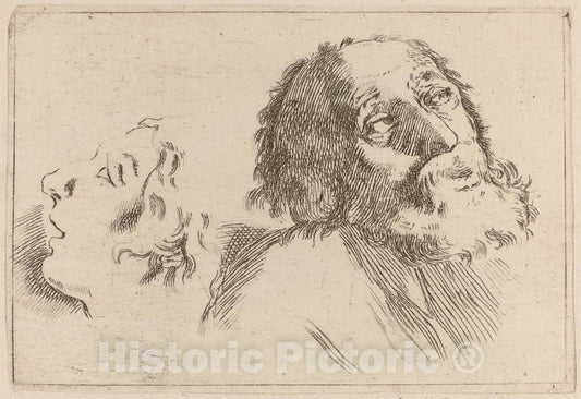 Art Print : Stefano Della Bella, Study of Heads, One Turned to The Right and The Other Turned Left - Vintage Wall Art