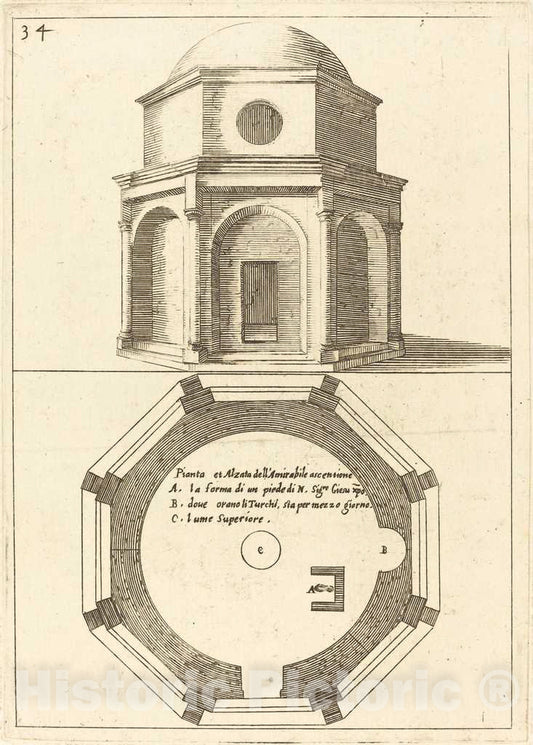 Art Print : Jacques Callot, Plan and Elevation of The Church of The Ascension, 1619 - Vintage Wall Art