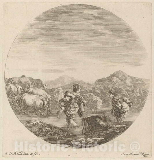 Art Print : Stefano Della Bella, Two Women Fording a Creek with a Herd of Cows - Vintage Wall Art