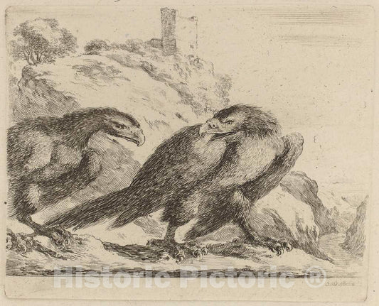 Art Print : Stefano Della Bella, Two Eagles with Tower in Background - Vintage Wall Art