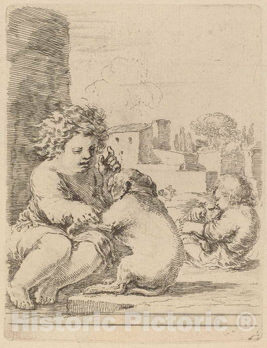 Art Print : Stefano Della Bella, Child Playing with a Dog - Vintage Wall Art