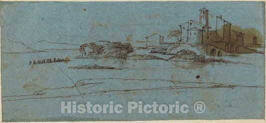 Art Print : Buildings on a River Bank [Verso] - Vintage Wall Art