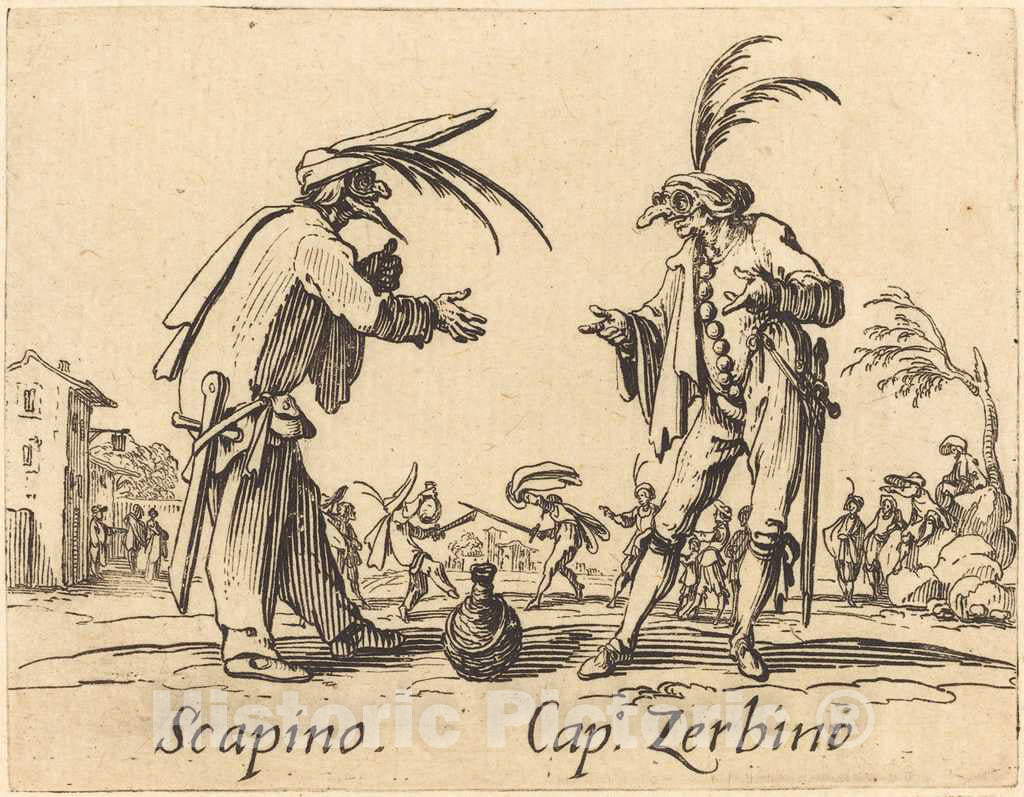 Art Print : Jacques Callot, Scapino and Cap. Zerbino, c. 1622 - Vintage Wall Art
