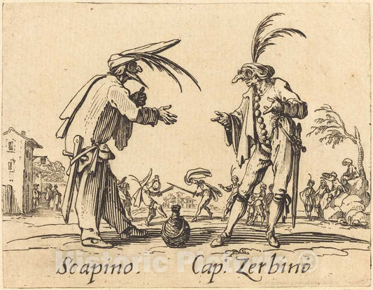 Art Print : Jacques Callot, Scapino and Cap. Zerbino, c. 1622 - Vintage Wall Art