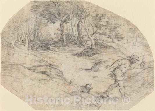 Art Print : Leandro Bassano After Titian, Landscape with a Man and a Dog, c. 1580 - Vintage Wall Art
