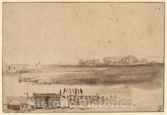 Art Print : Rembrandt, View of Houtewael Near The Sint Anthoniespoort [Recto], c. 1650 - Vintage Wall Art