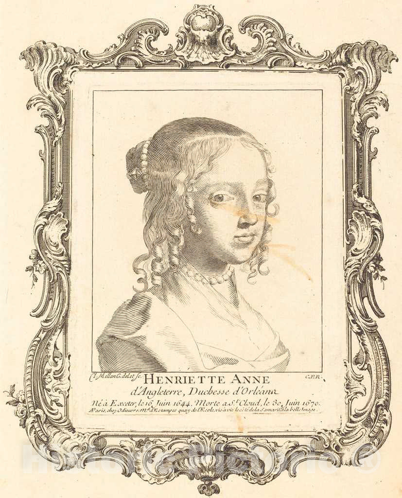 Art Print : Claude Mellan, Henriette Anne of England, Duchess of OrlÃ©ans - Vintage Wall Art