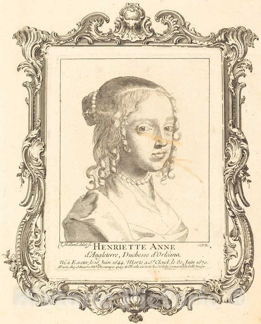 Art Print : Claude Mellan, Henriette Anne of England, Duchess of OrlÃ©ans - Vintage Wall Art