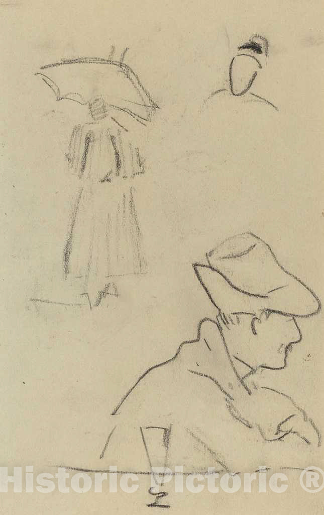 Art Print : Paul Gauguin, A Person Holding an Umbrella and a Seated Man with a Hat and a Glass [Verso], 1884-1888 - Vintage Wall Art