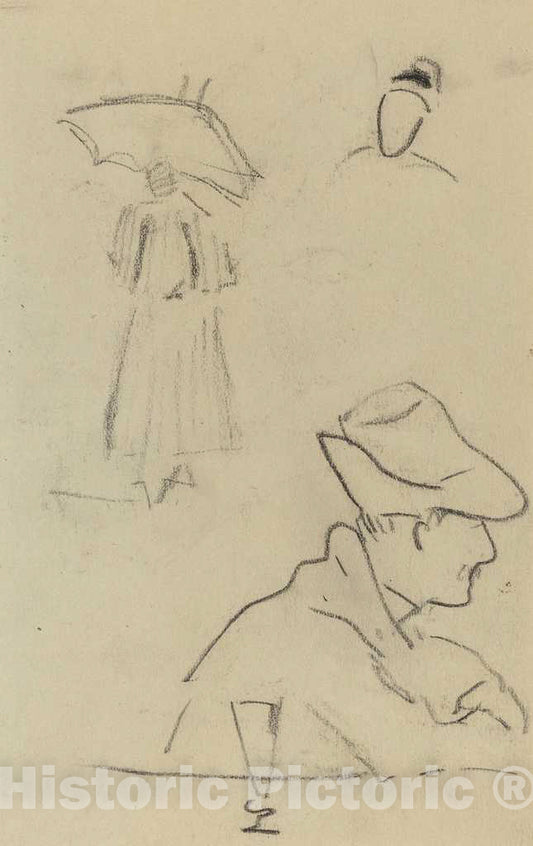 Art Print : Paul Gauguin, A Person Holding an Umbrella and a Seated Man with a Hat and a Glass [Verso], 1884-1888 - Vintage Wall Art