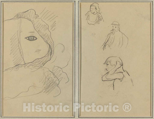 Art Print : Paul Gauguin, Eye and Part of Face; A Breton Woman and Two Men [Recto], 1884-1888 - Vintage Wall Art