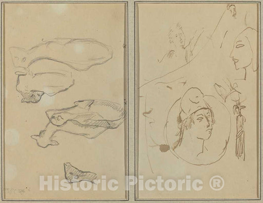 Art Print : Paul Gauguin, Five Sheep; Four Head Studies [Verso], 1884-1888 - Vintage Wall Art