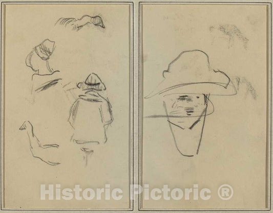 Art Print : Paul Gauguin, Two Breton Figures and Studies of Two Geese; Man Wearing Hat [Verso], 1884-1888 - Vintage Wall Art