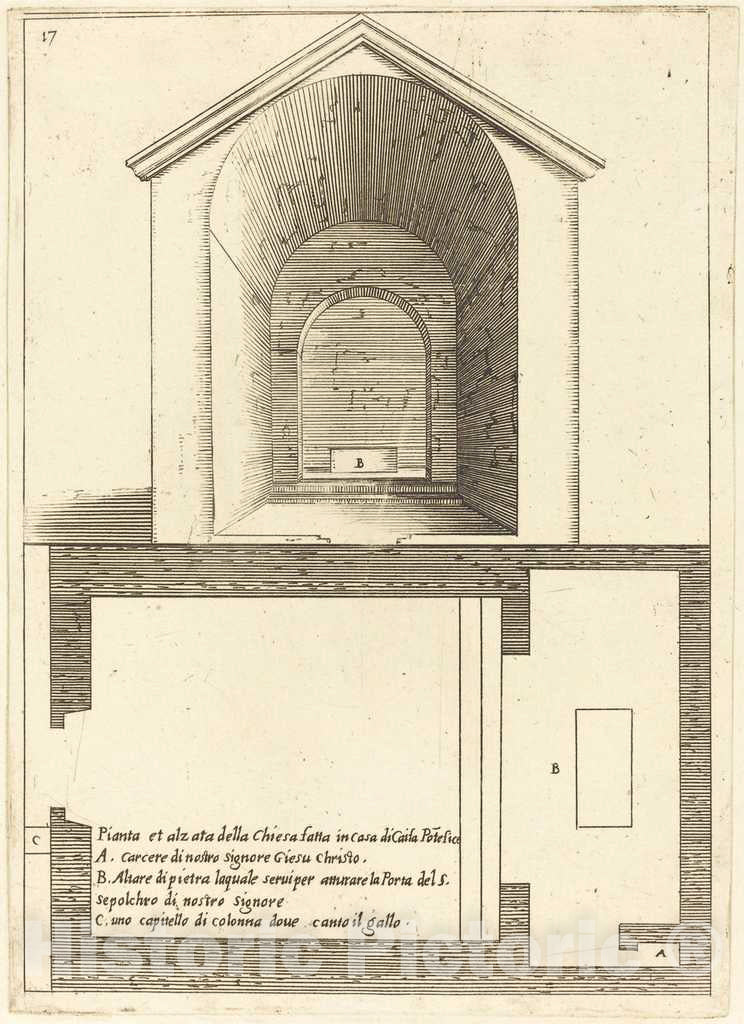 Art Print : Jacques Callot, Plan and Elevation of The Church Near The House of Caiaphas, 1619 - Vintage Wall Art