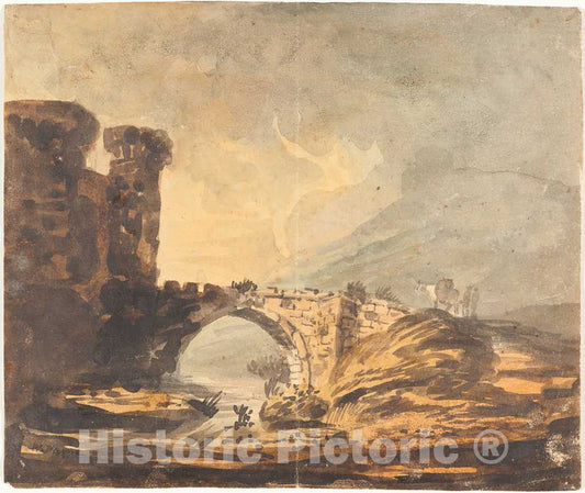Art Print : William Payne, Landscape with a Castle and Bridge - Vintage Wall Art