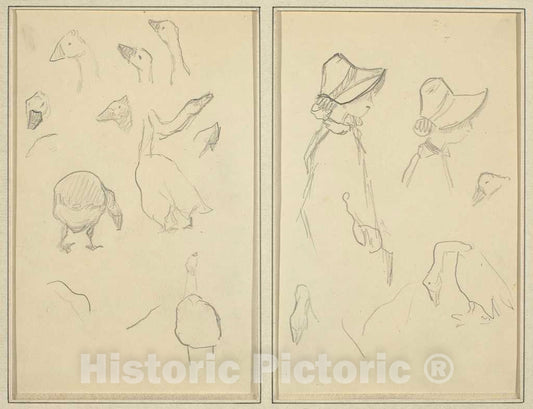 Art Print : Paul Gauguin, Geese; Girls in Bonnets, Geese [Recto], 1884-1888 - Vintage Wall Art