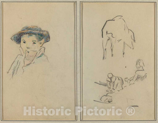 Art Print : Paul Gauguin, Little Breton Boy; A Pig and a Washerwoman [Recto], 1884-1888 - Vintage Wall Art