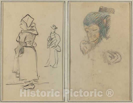 Art Print : Paul Gauguin, A Breton Woman and a Standing Man; Head and Hand of a Monkey [Recto], 1884-1888 - Vintage Wall Art