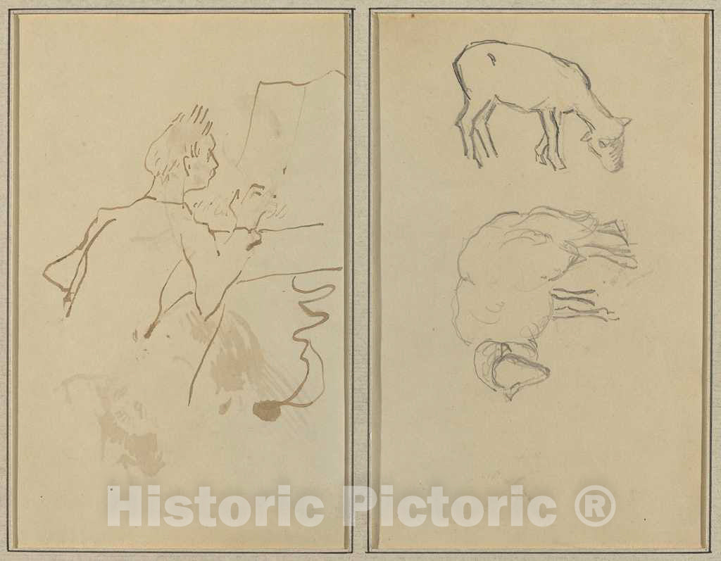 Art Print : Paul Gauguin, Man Playing Piano; Two Sheep [Verso], 1884-1888 - Vintage Wall Art